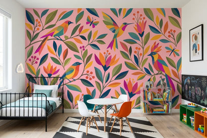Tropical Birds Wallpaper Pink Botanical Wall Mural