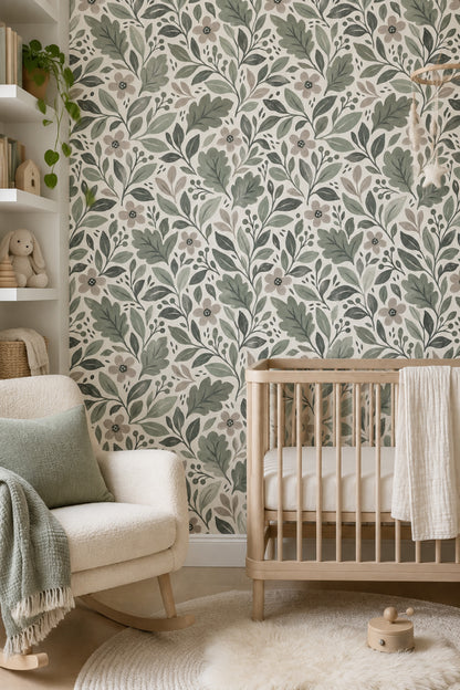 Botanical Branches Wallpaper Sage Green Leaves On Ivory Background