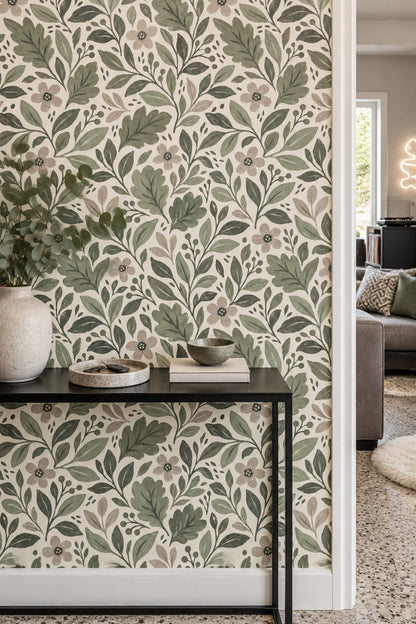 Botanical Branches Wallpaper Sage Green Leaves On Ivory Background