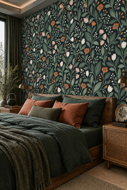 Stylized Floral Wallpaper Muted Green Dark