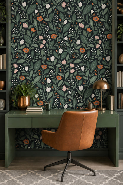 Stylized Floral Wallpaper Muted Green Dark