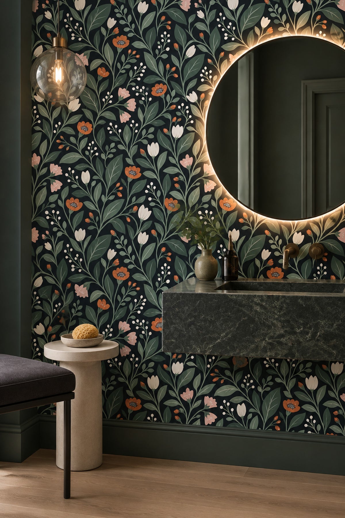 Stylized Floral Wallpaper Muted Green Dark