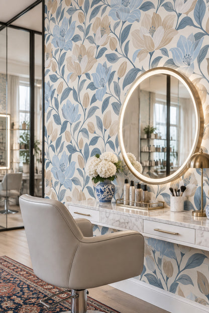Large Floral Wallpaper Blue Leaves Cream Background