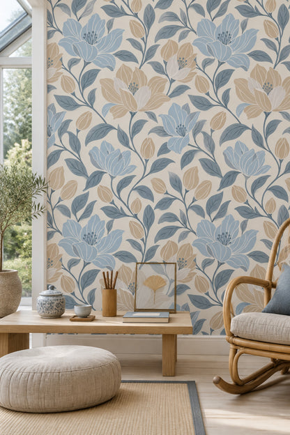 Large Floral Wallpaper Blue Leaves Cream Background