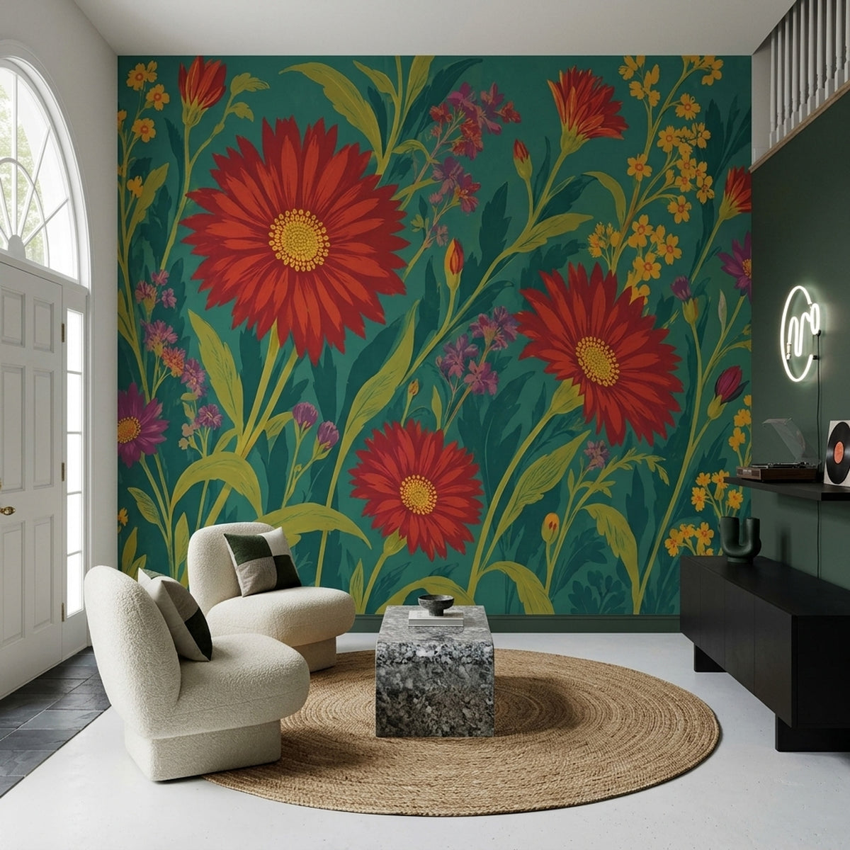 Red Gerbera Floral Wallpaper Dark Botanical Wall Mural