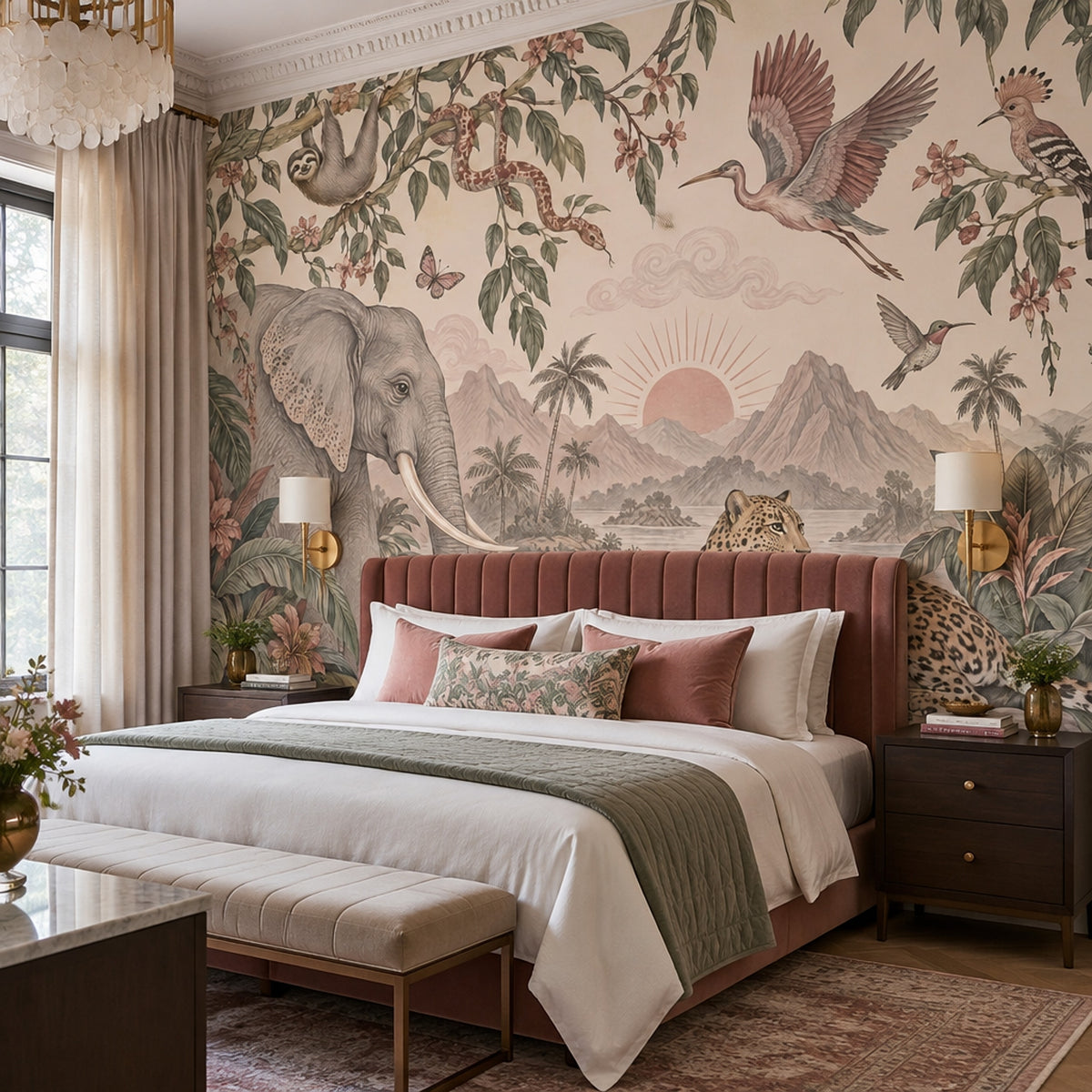 Tropical Jungle Animals Wallpaper Vintage Landscape Wall Mural