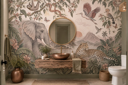Tropical Jungle Animals Wallpaper Vintage Landscape Wall Mural