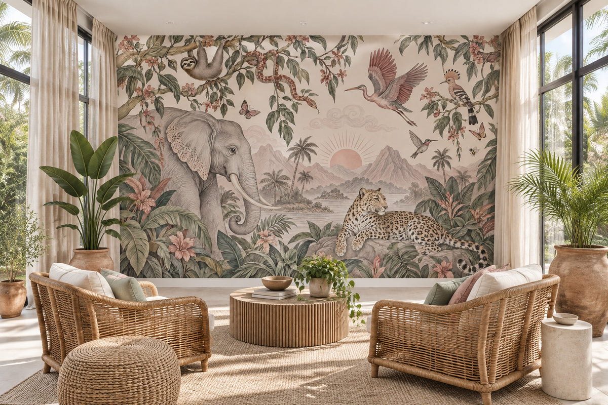 Tropical Jungle Animals Wallpaper Vintage Landscape Wall Mural