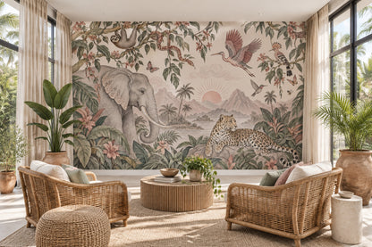 Tropical Jungle Animals Wallpaper Vintage Landscape Wall Mural