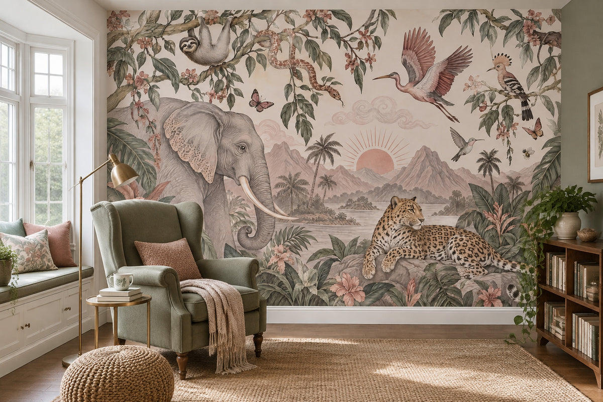 Tropical Jungle Animals Wallpaper Vintage Landscape Wall Mural