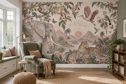 Tropical Jungle Animals Wallpaper Vintage Landscape Wall Mural