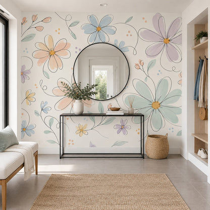 Pastel Daisy Floral Wallpaper Whimsical Line Art Wall Mural