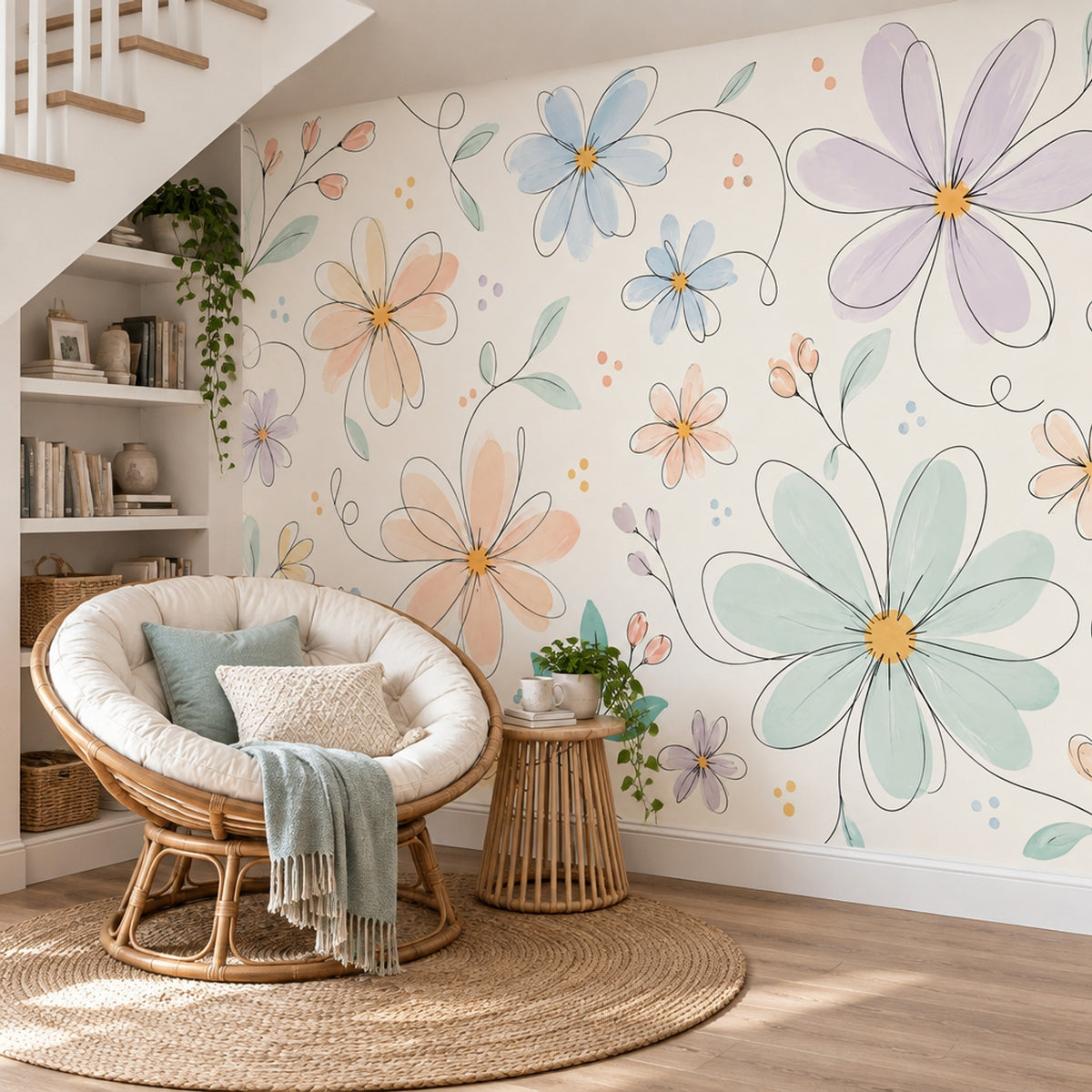 Pastel Daisy Floral Wallpaper Whimsical Line Art Wall Mural