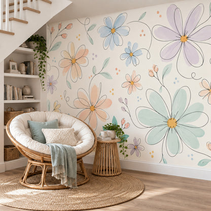 Pastel Daisy Floral Wallpaper Whimsical Line Art Wall Mural