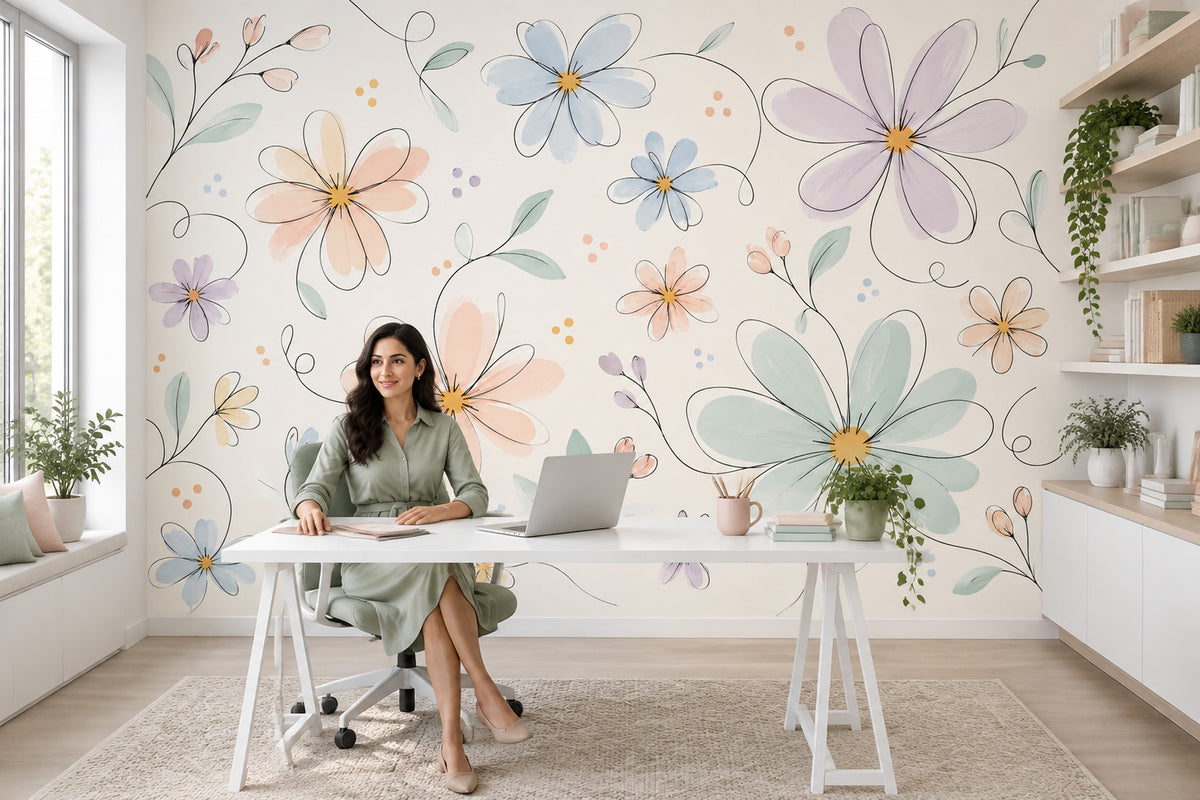 Pastel Daisy Floral Wallpaper Whimsical Line Art Wall Mural