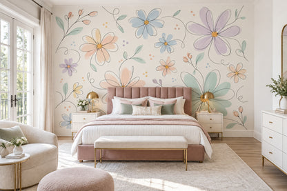 Pastel Daisy Floral Wallpaper Whimsical Line Art Wall Mural