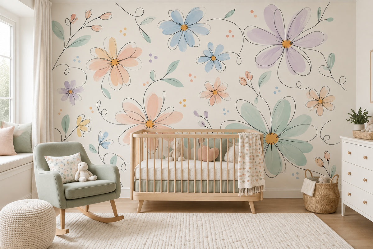 Pastel Daisy Floral Wallpaper Whimsical Line Art Wall Mural