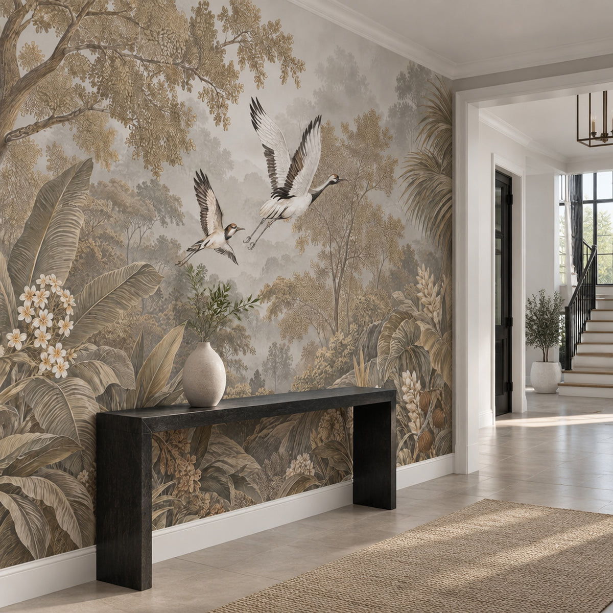 Tropical Crane Landscape Wallpaper Misty Forest Wall Mural