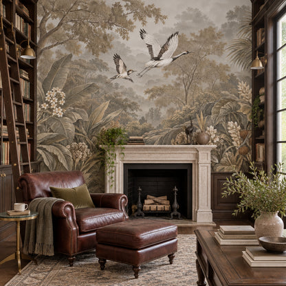 Tropical Crane Landscape Wallpaper Misty Forest Wall Mural