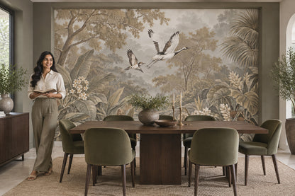 Tropical Crane Landscape Wallpaper Misty Forest Wall Mural