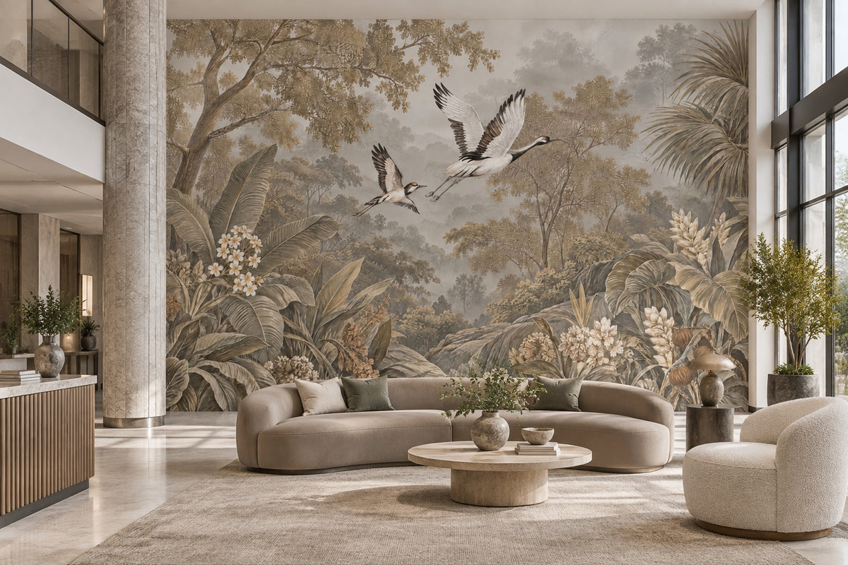 Tropical Crane Landscape Wallpaper Misty Forest Wall Mural