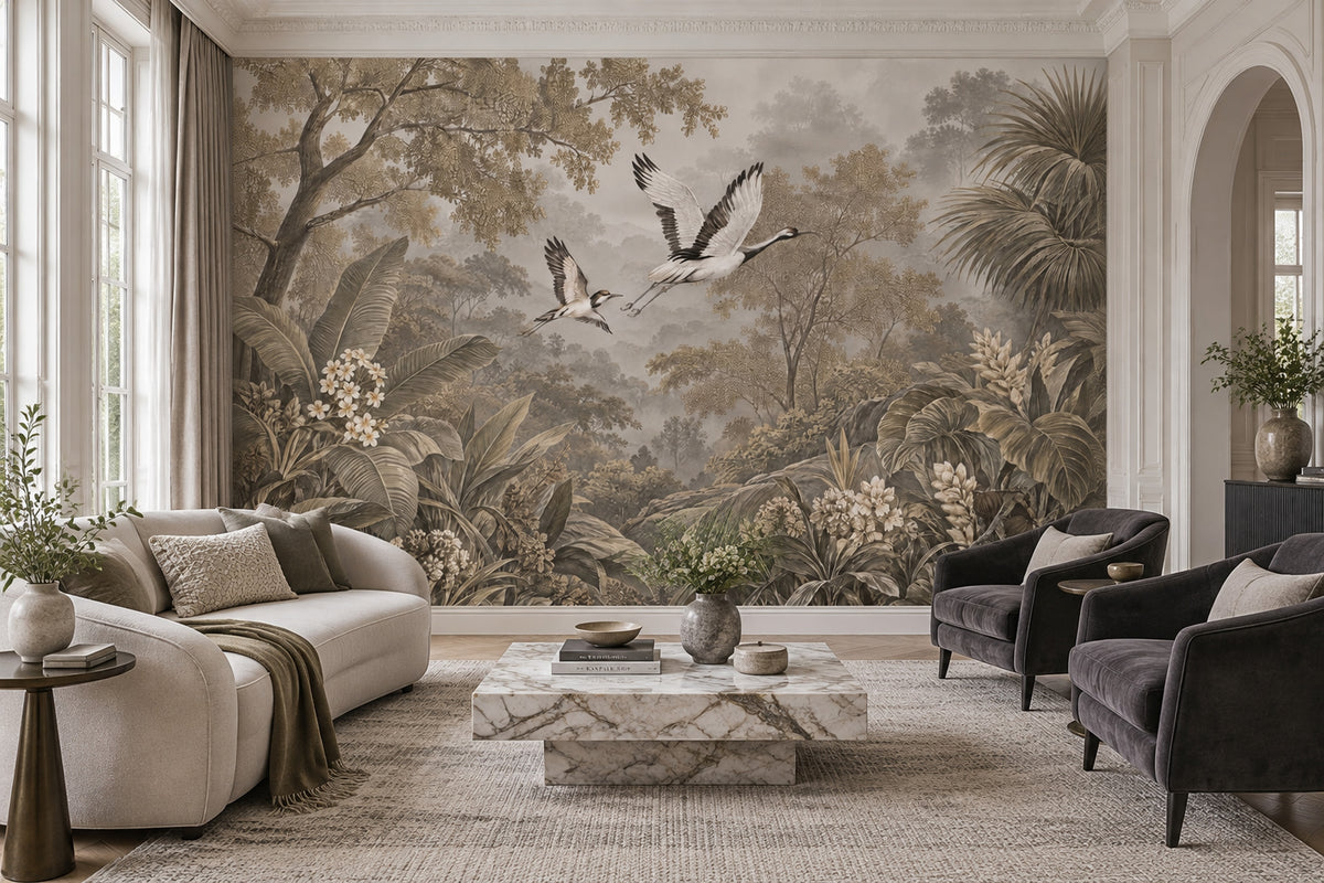 Tropical Crane Landscape Wallpaper Misty Forest Wall Mural
