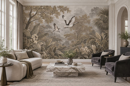 Tropical Crane Landscape Wallpaper Misty Forest Wall Mural
