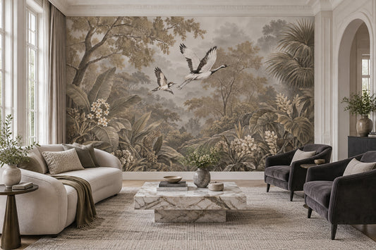 Tropical Crane Landscape Wallpaper Misty Forest Wall Mural