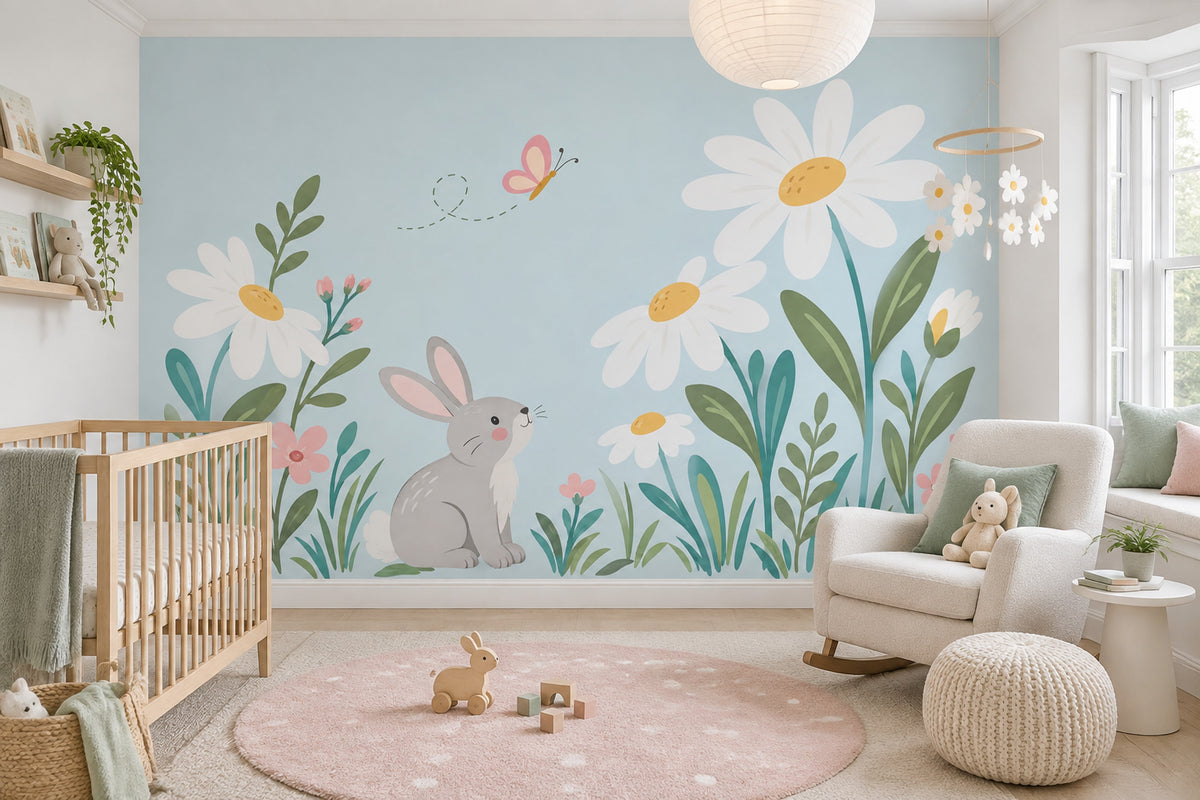 Cute Rabbit Garden Wallpaper Pastel Spring Wall Mural