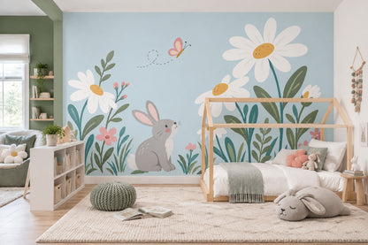 Cute Rabbit Garden Wallpaper Pastel Spring Wall Mural