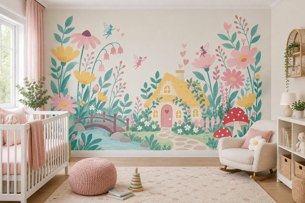 Fairy Garden Cottage Wallpaper Pastel Floral Wall Mural