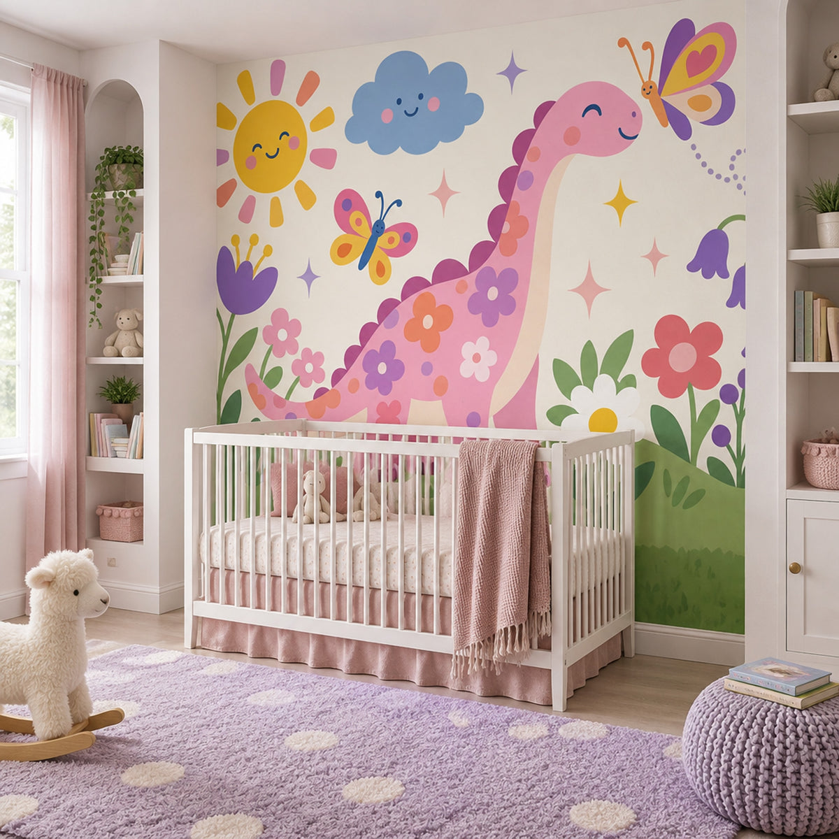 Pink Dinosaur Wallpaper Pastel Cartoon Garden Wall Mural