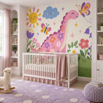 Pink Dinosaur Wallpaper Pastel Cartoon Garden Wall Mural