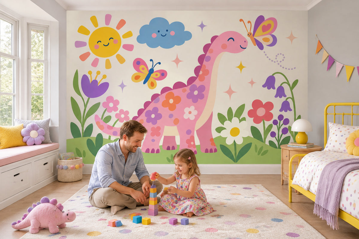 Pink Dinosaur Wallpaper Pastel Cartoon Garden Wall Mural