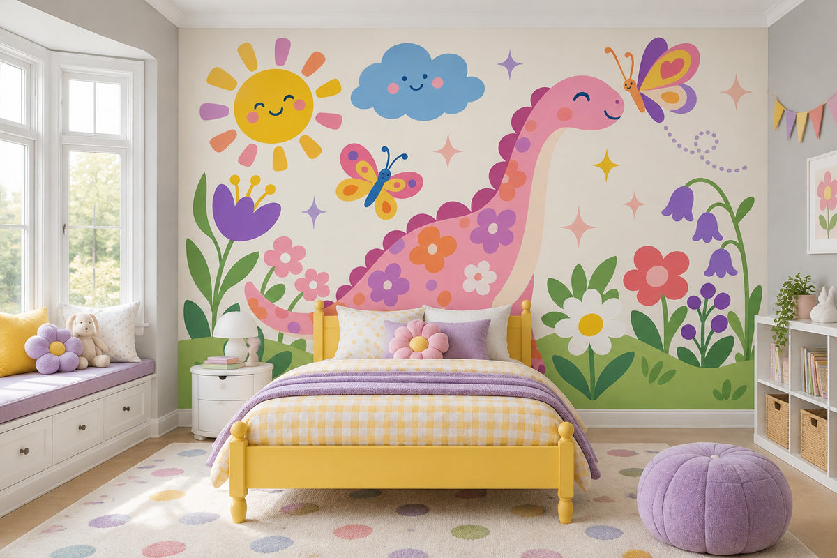 Pink Dinosaur Wallpaper Pastel Cartoon Garden Wall Mural