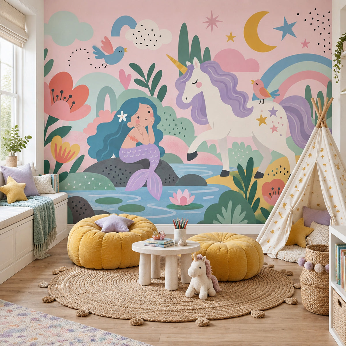Unicorn Mermaid Rainbow Wallpaper Pastel Fantasy Wall Mural