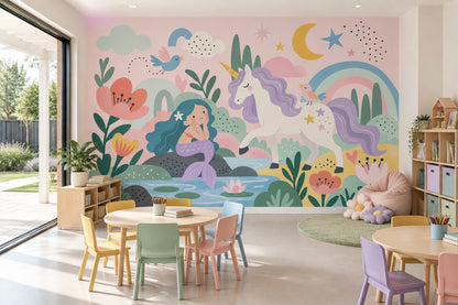 Unicorn Mermaid Rainbow Wallpaper Pastel Fantasy Wall Mural