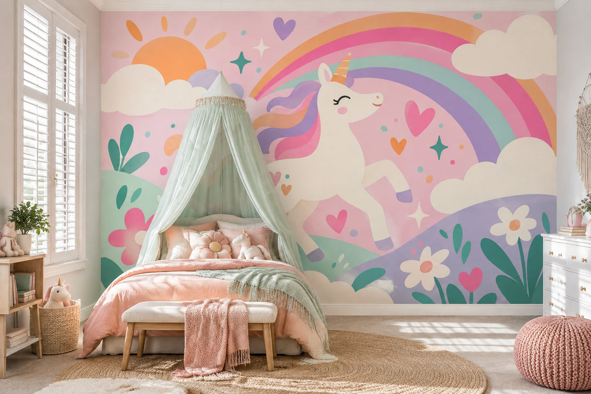 Pastel Unicorn Rainbow Wallpaper Fairytale Kids Wall Mural