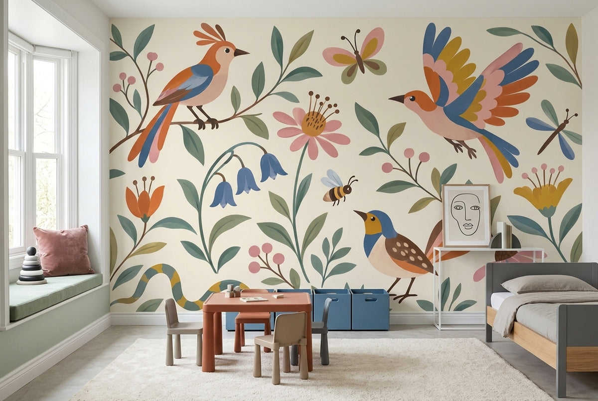 Whimsical Birds And Floral Wallpaper Folk Art Garden Wall Mural