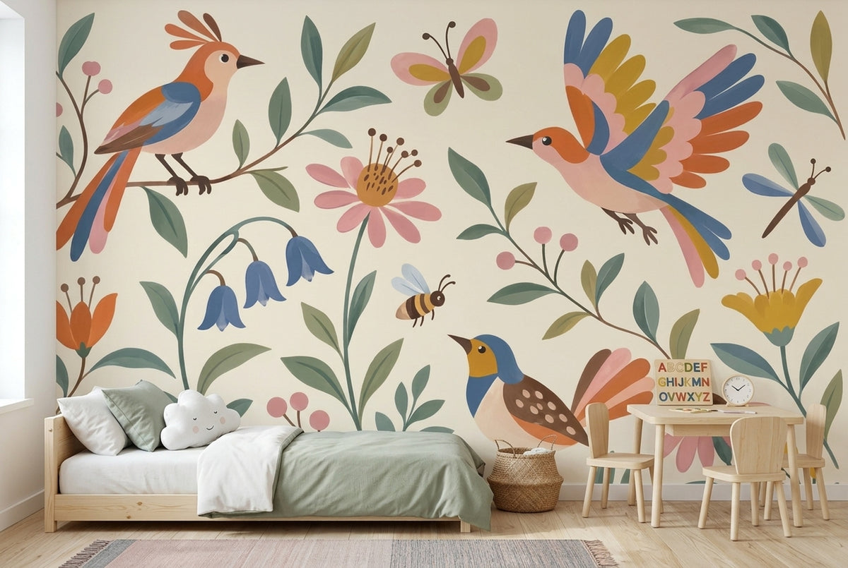 Whimsical Birds And Floral Wallpaper Folk Art Garden Wall Mural