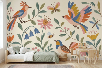 Whimsical Birds And Floral Wallpaper Folk Art Garden Wall Mural