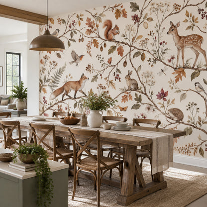 Woodland Animals Wallpaper Muted Green Botanical Wall Mural