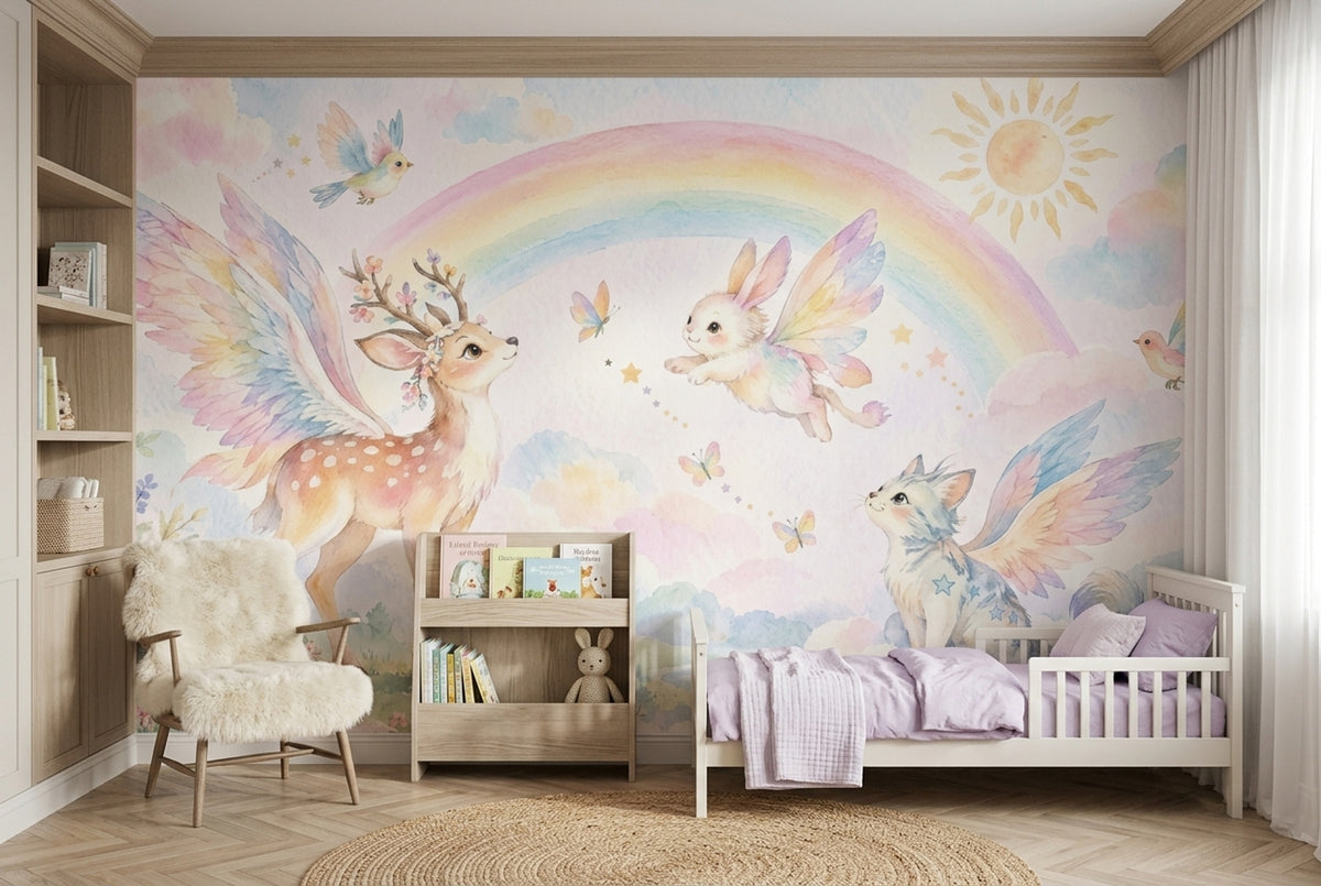 Winged Animals Rainbow Wallpaper Watercolor Nursery Wall Mural