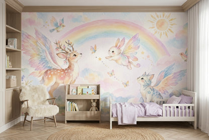 Winged Animals Rainbow Wallpaper Watercolor Nursery Wall Mural