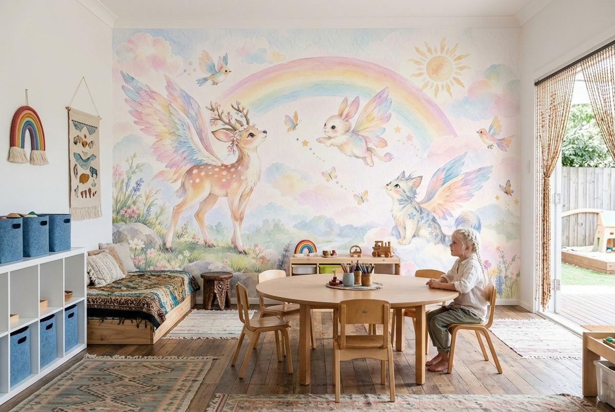 Winged Animals Rainbow Wallpaper Watercolor Nursery Wall Mural