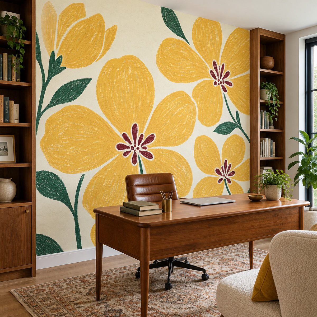 Yellow Flowers Wallpaper Hand Drawn Botanical Wall Mural
