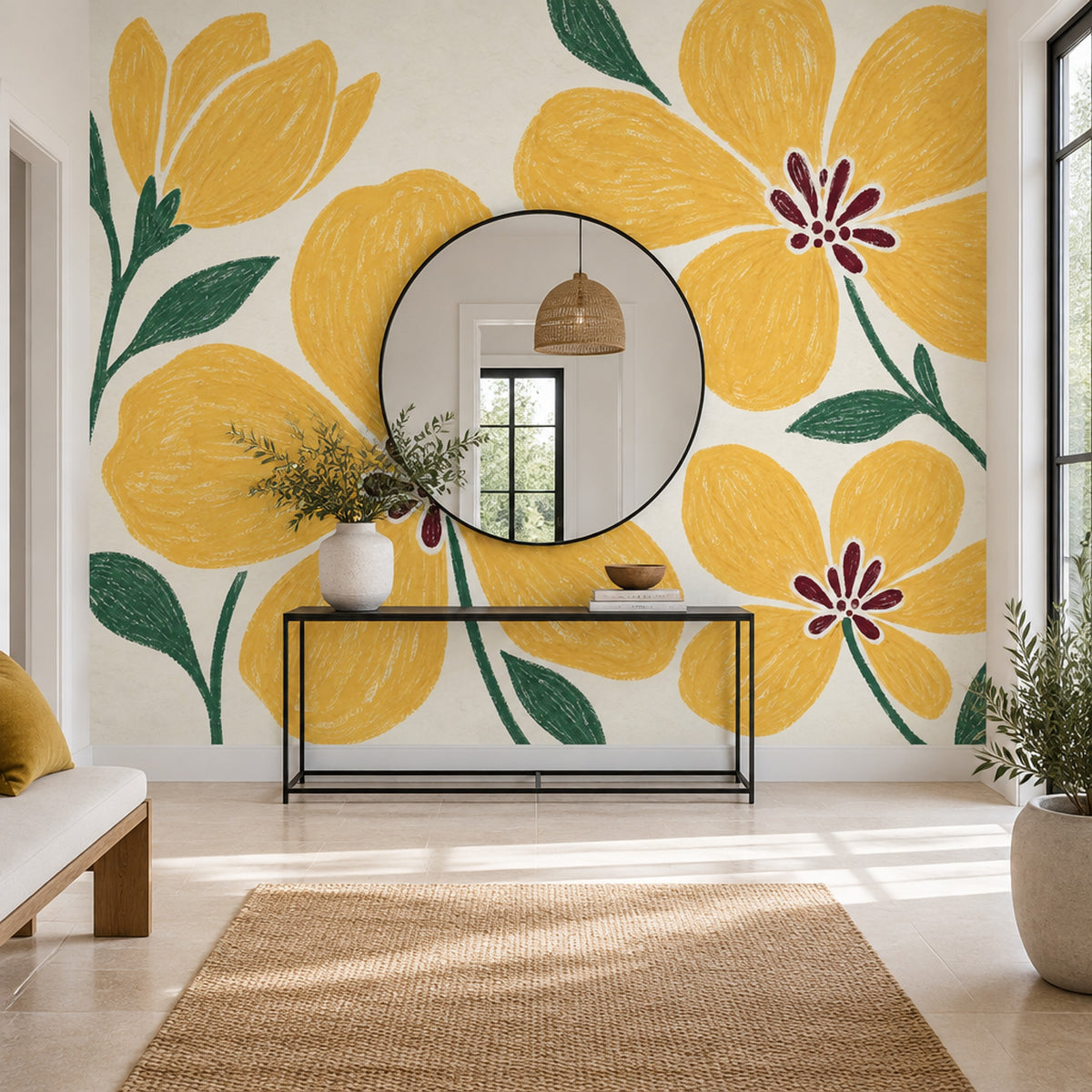 Yellow Flowers Wallpaper Hand Drawn Botanical Wall Mural