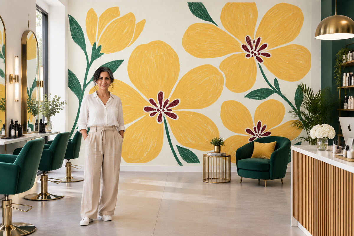 Yellow Flowers Wallpaper Hand Drawn Botanical Wall Mural