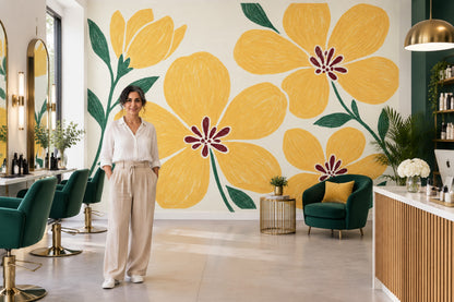 Yellow Flowers Wallpaper Hand Drawn Botanical Wall Mural