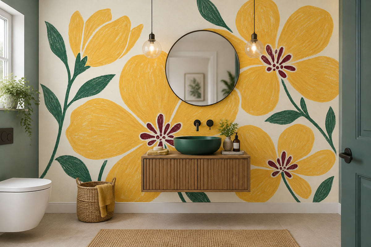 Yellow Flowers Wallpaper Hand Drawn Botanical Wall Mural